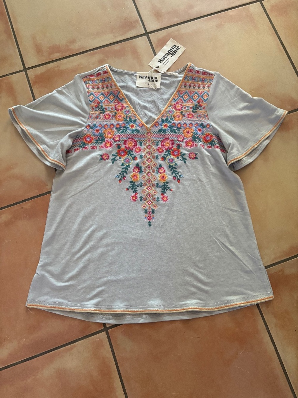 NWT Savanna Jane Boho Floral Embroidered Short Sleeve Peasant Top Shirt Size S